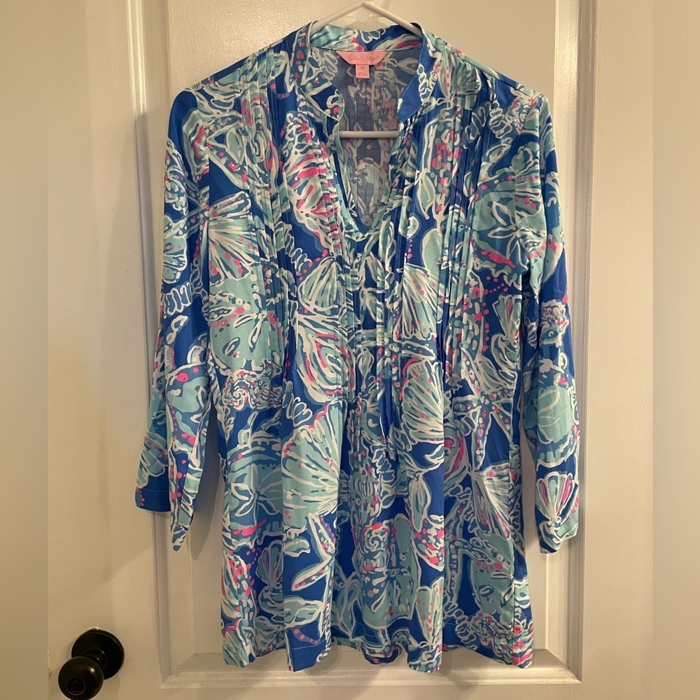Lilly Pulitzer Sarasota Tunic Blouse Bay Blue Into the Deep XS